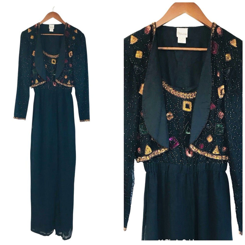 VINTAGE 80s Glam Beaded Sequin Silk Wide Leg Jumpsuit Bolero Jacket Black Size 6
